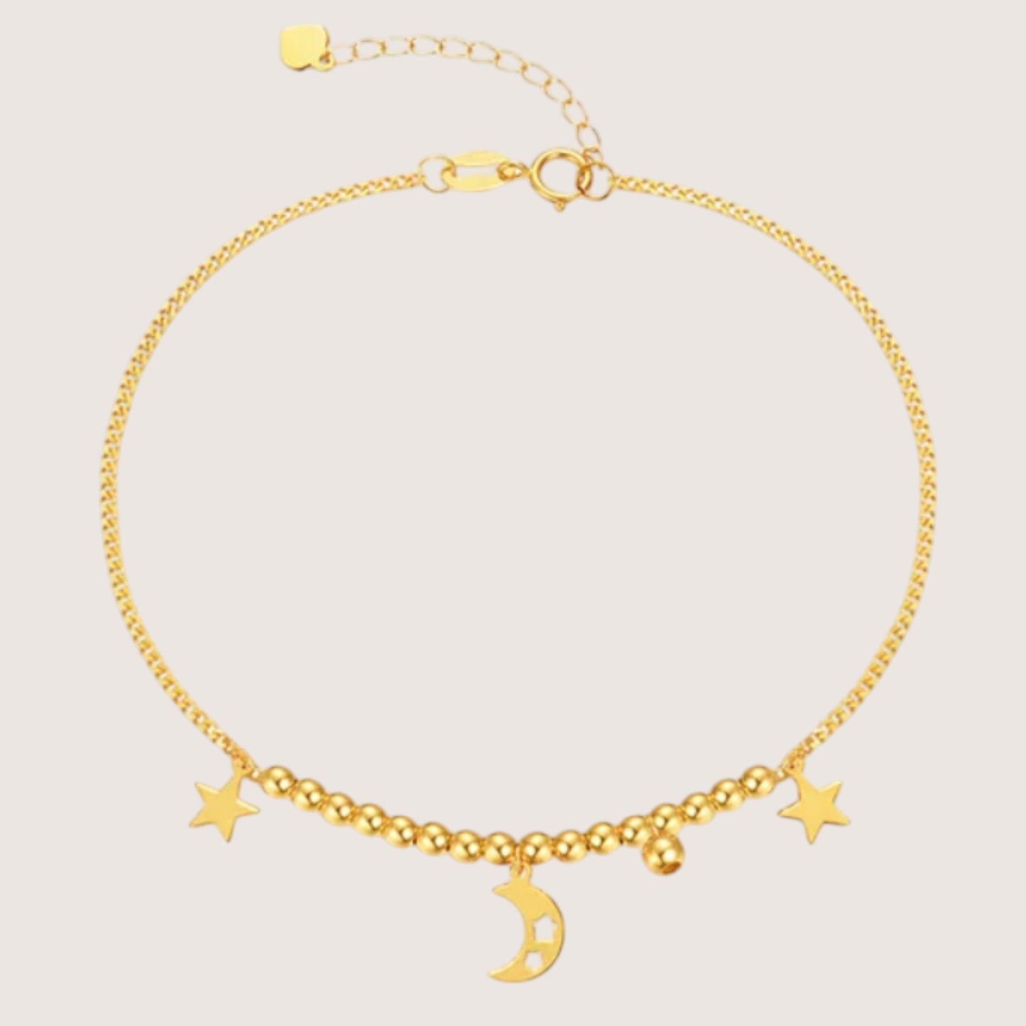 18K Gold Star Beads Moon Charms Chain Bracelet