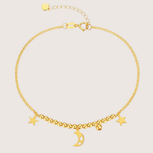 18K Gold Star Beads Moon Charms Chain Bracelet