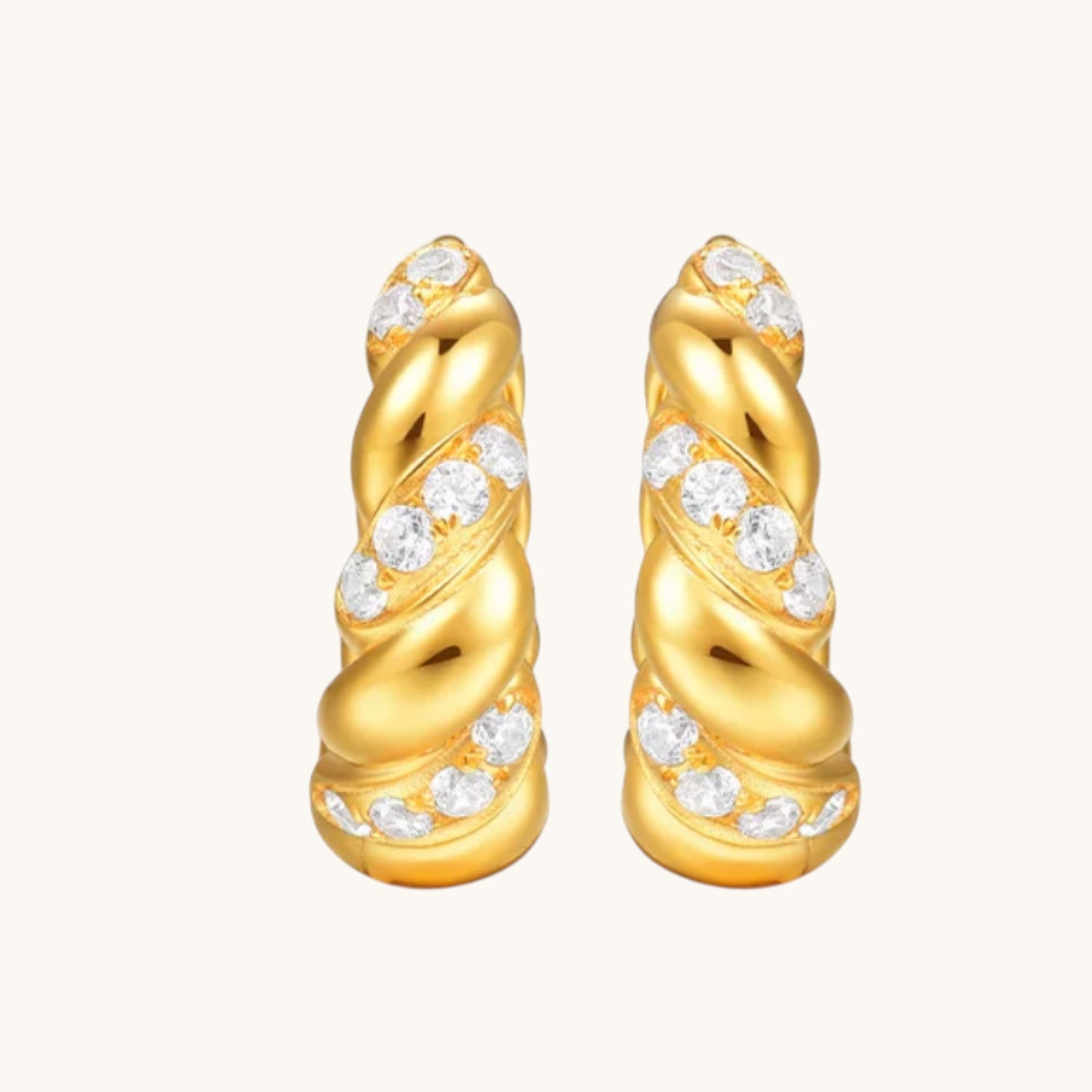 18K Fine Gold Zircon Twist Hoop Stud Earrings