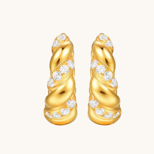 18K Fine Gold Zircon Twist Hoop Stud Earrings