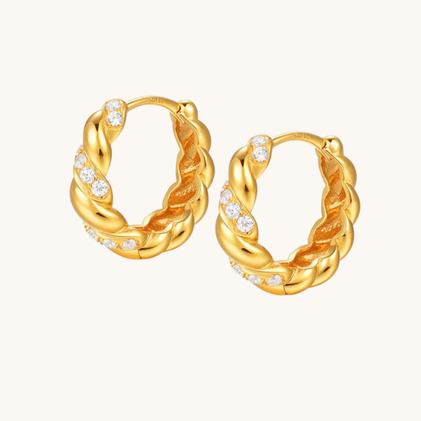 18K Fine Gold Zircon Twist Hoop Stud Earrings