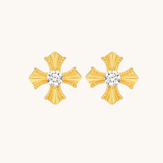 18K Fine Gold Cross Minimal Style Stud Earrings