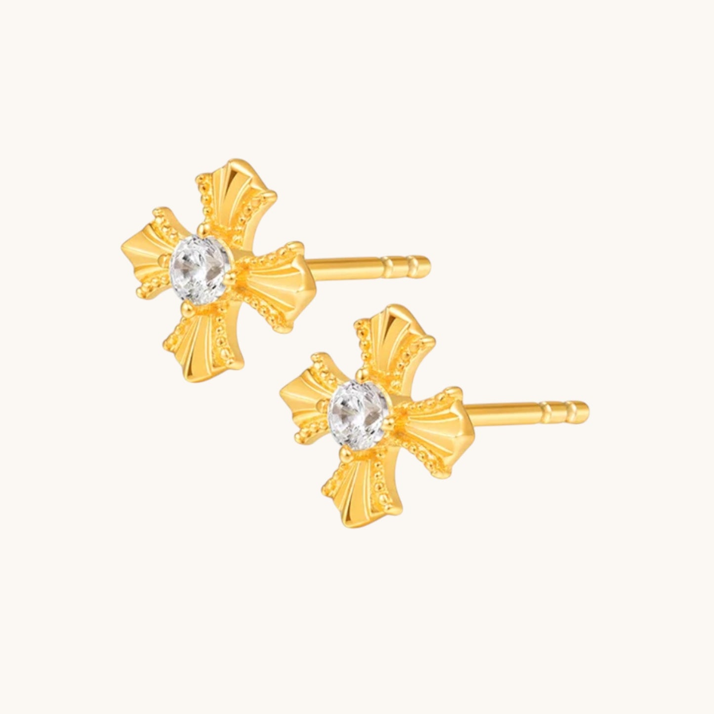 18K Fine Gold Cross Minimal Style Stud Earrings