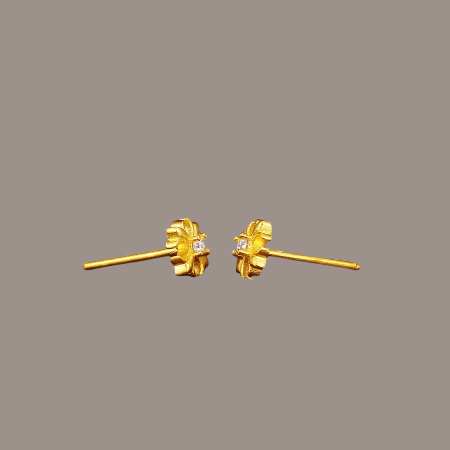 24K 999 Solid Gold Mini Iris Fleur-de-lis Moissanite Cross Stud Earrings