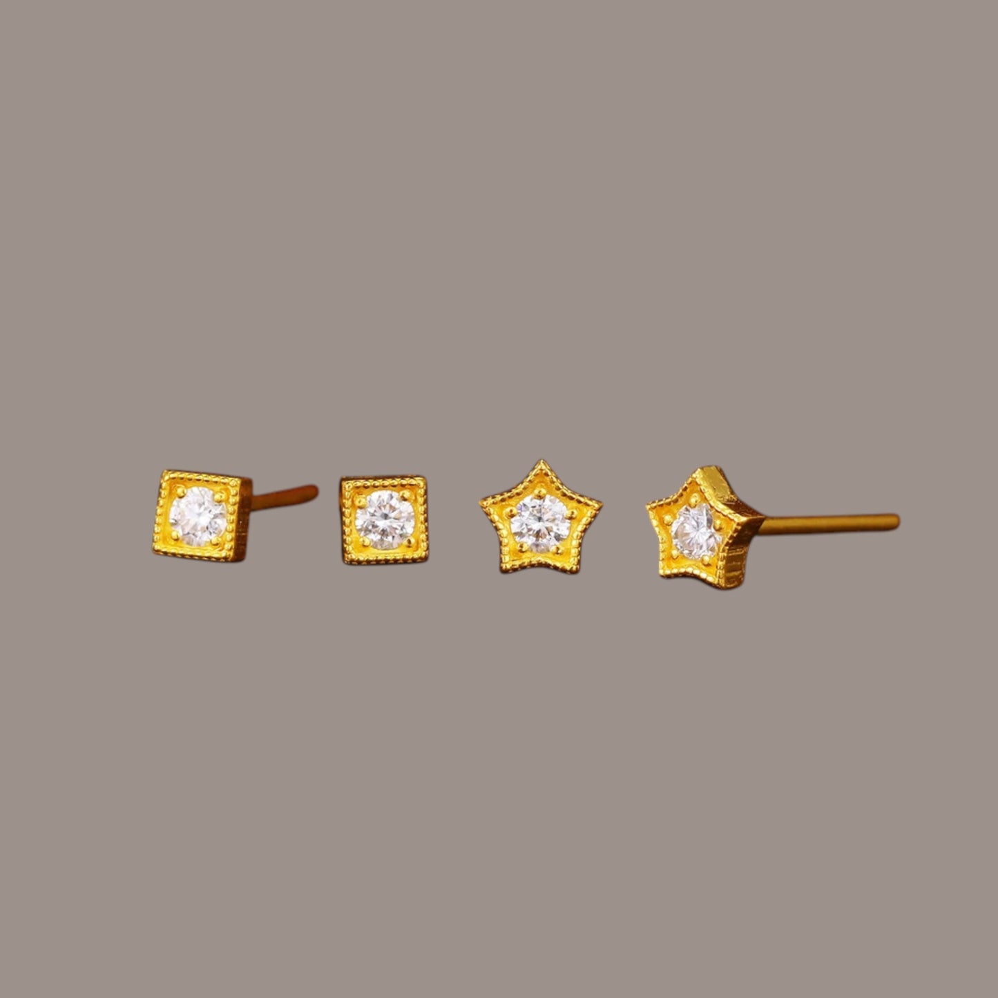 24K Solid 999 Gold Cube Star Minimal Moissanite Mini Stud Earrings