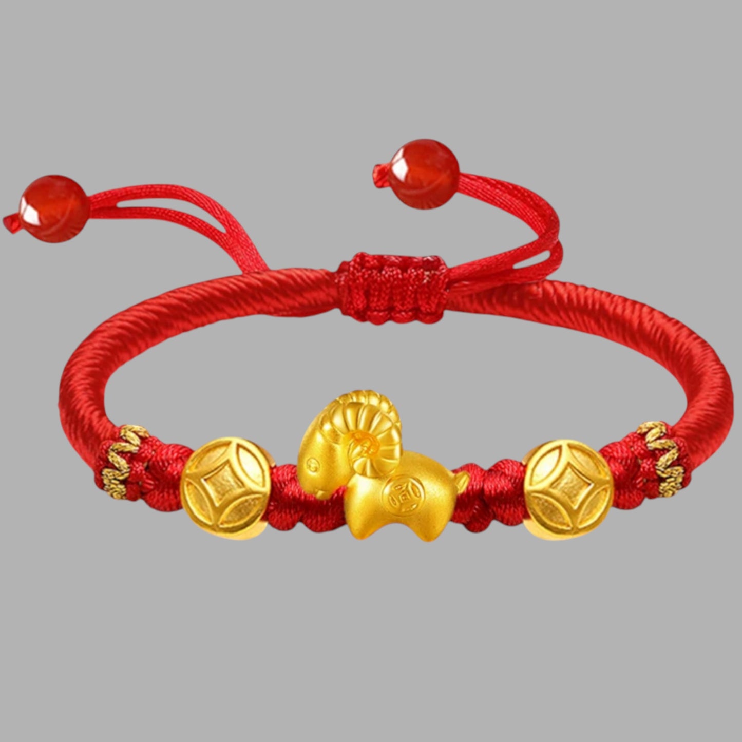 24K 999 Gold Charm Chinese 2027 Year of Goat Rope Adjustable Bracelet