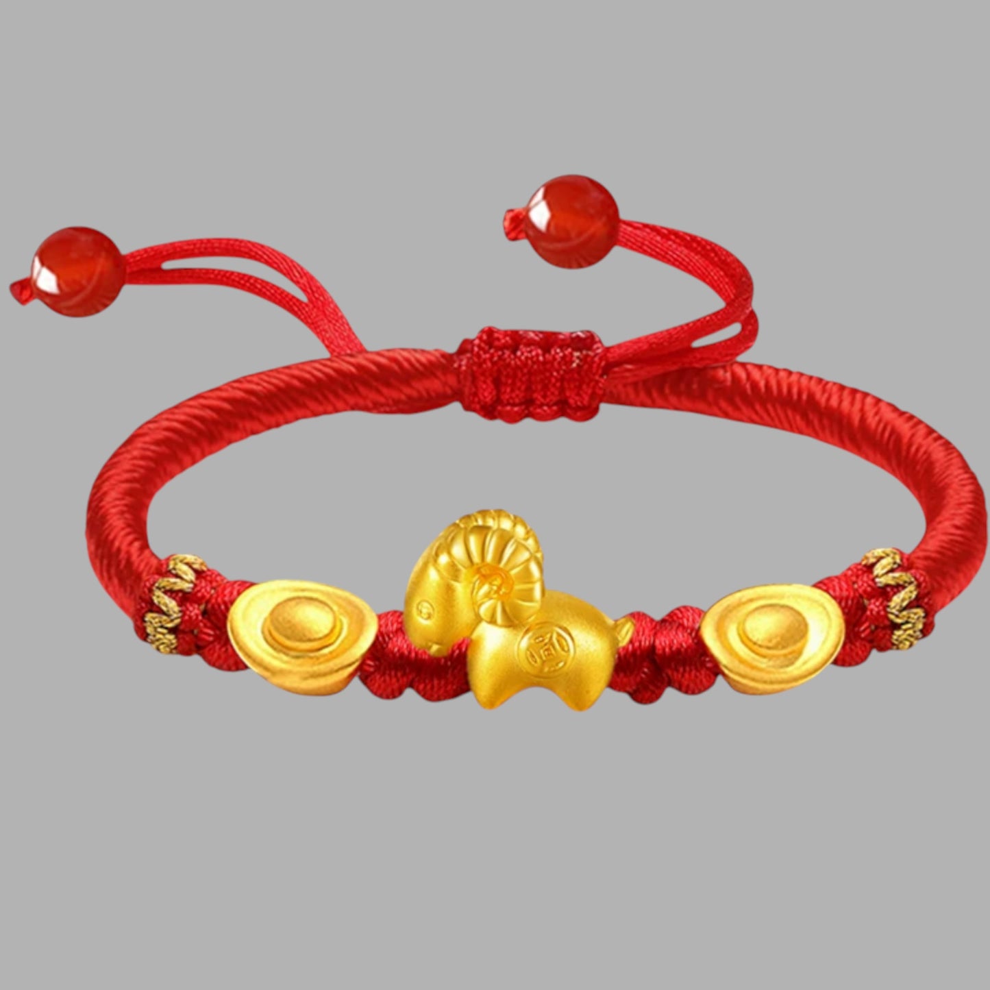 24K 999 Gold Charm Chinese 2027 Year of Goat Rope Adjustable Bracelet