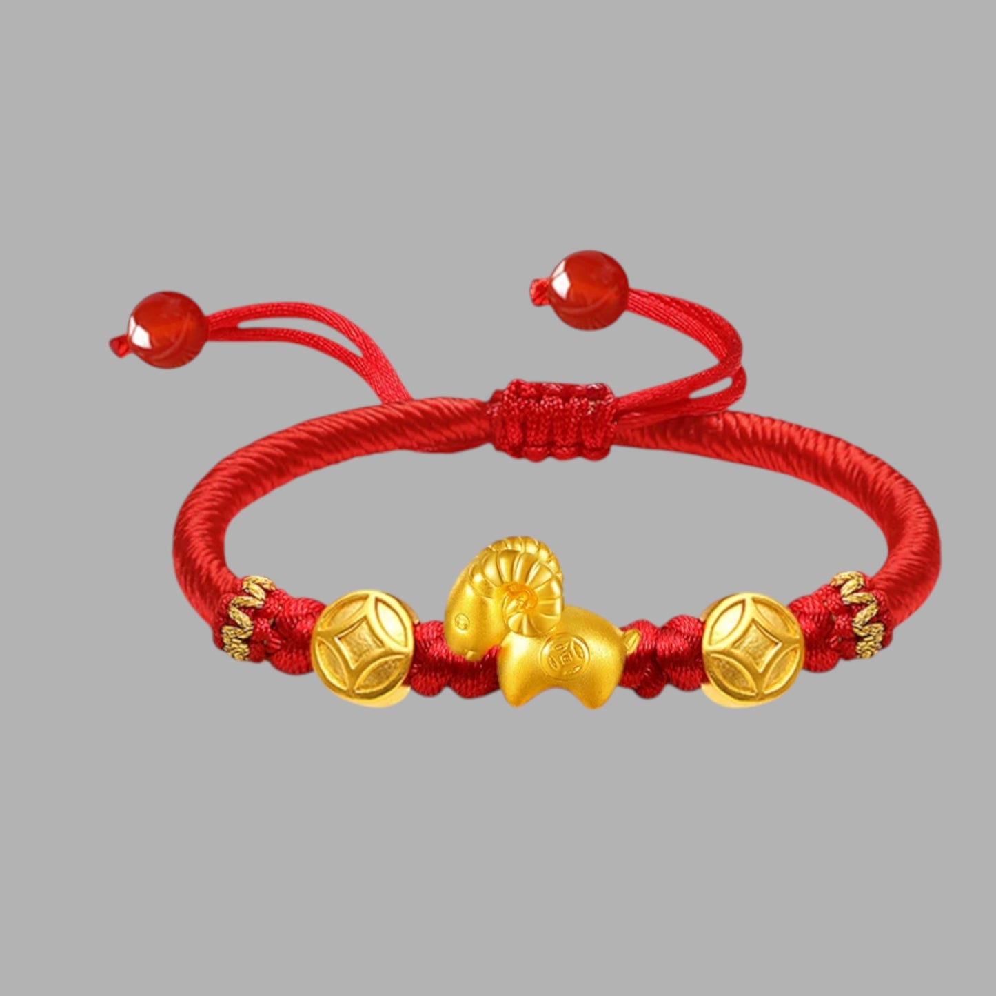 24K 999 Gold Charm Chinese 2027 Year of Goat Rope Adjustable Bracelet