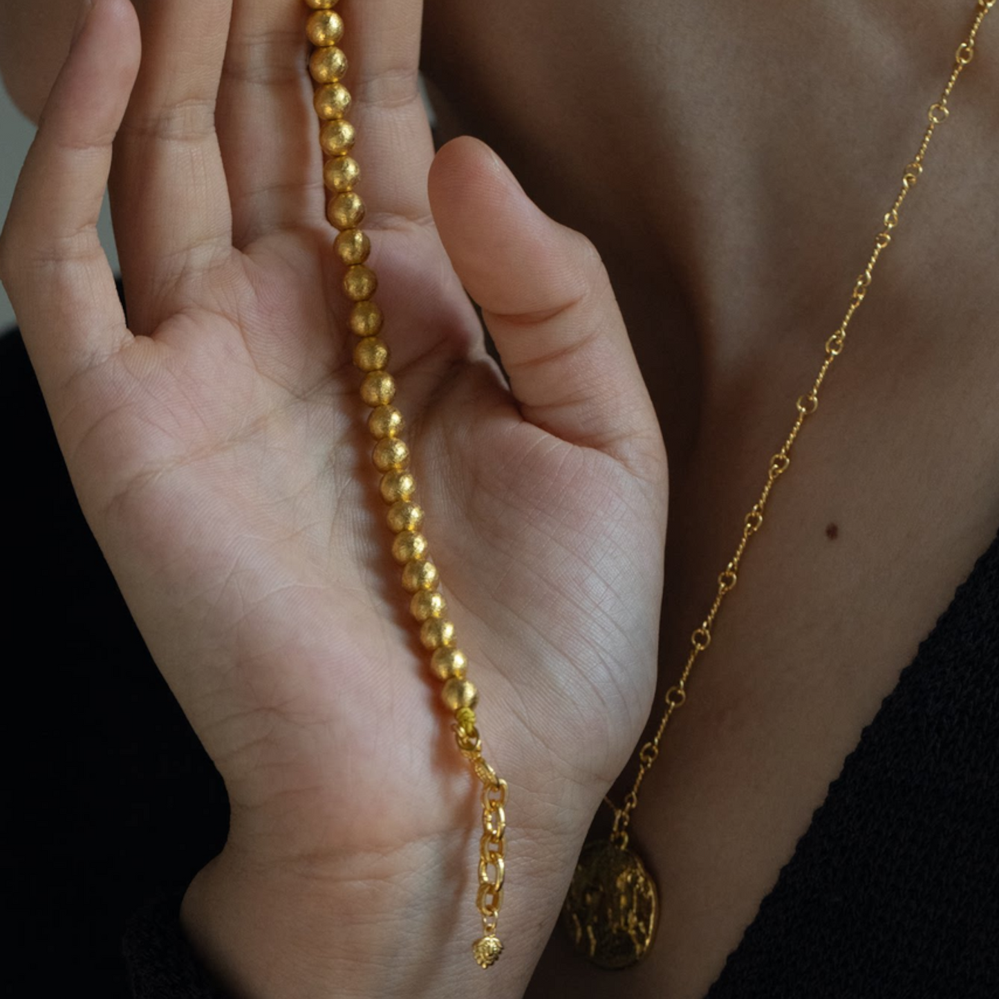 24K Fine 999 Gold Minimal Minimalist Beads Necklace and Bracelet