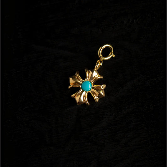 18K Gold Mini Cross Turquoise Pendant Charm D.I.Y
