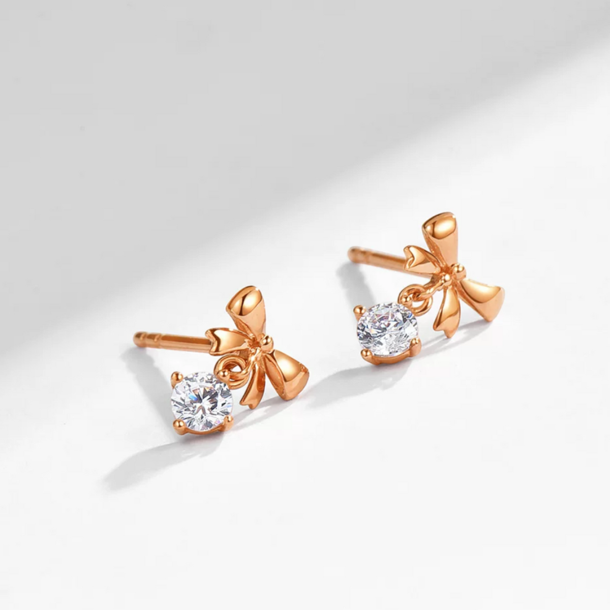 18K Fine Rose Gold Cute Mini Bow Moissanite Stud Earrings