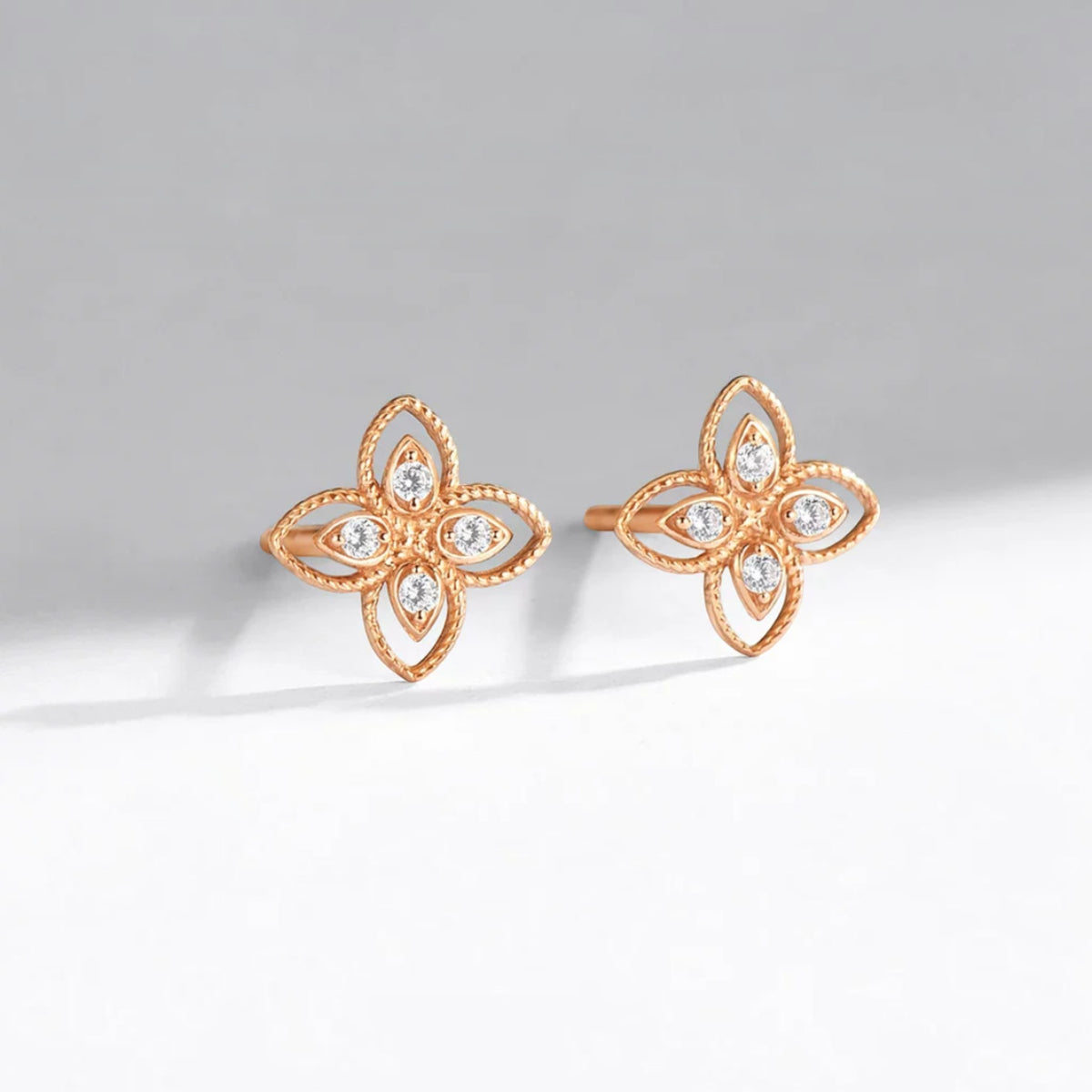 18K Fine Rose Gold Clover Lucky Moissanite Stud Earrings
