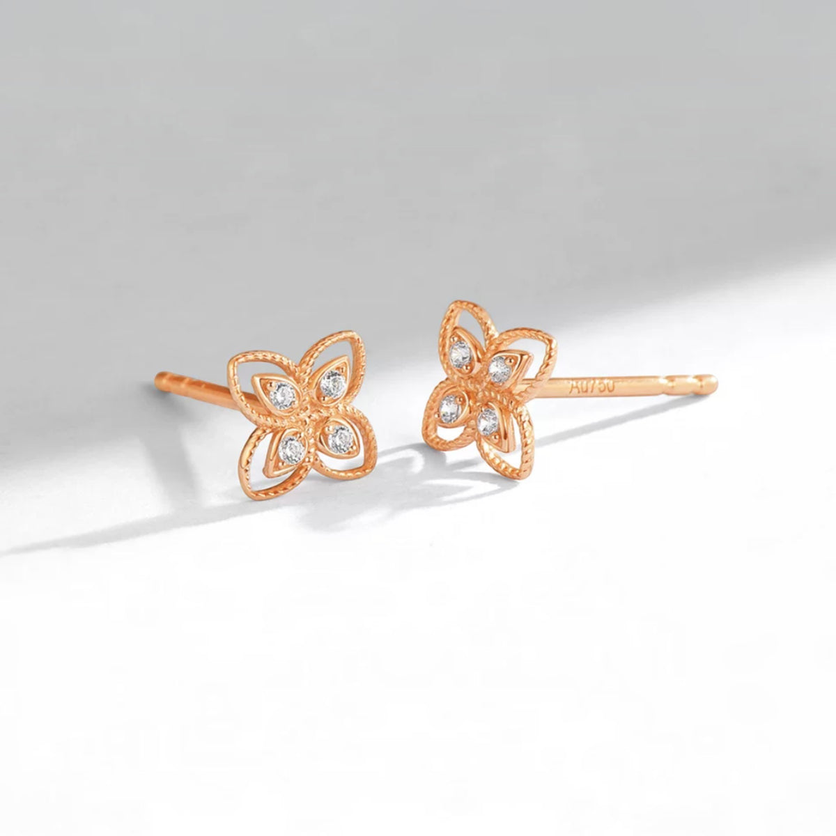18K Fine Rose Gold Clover Lucky Moissanite Stud Earrings