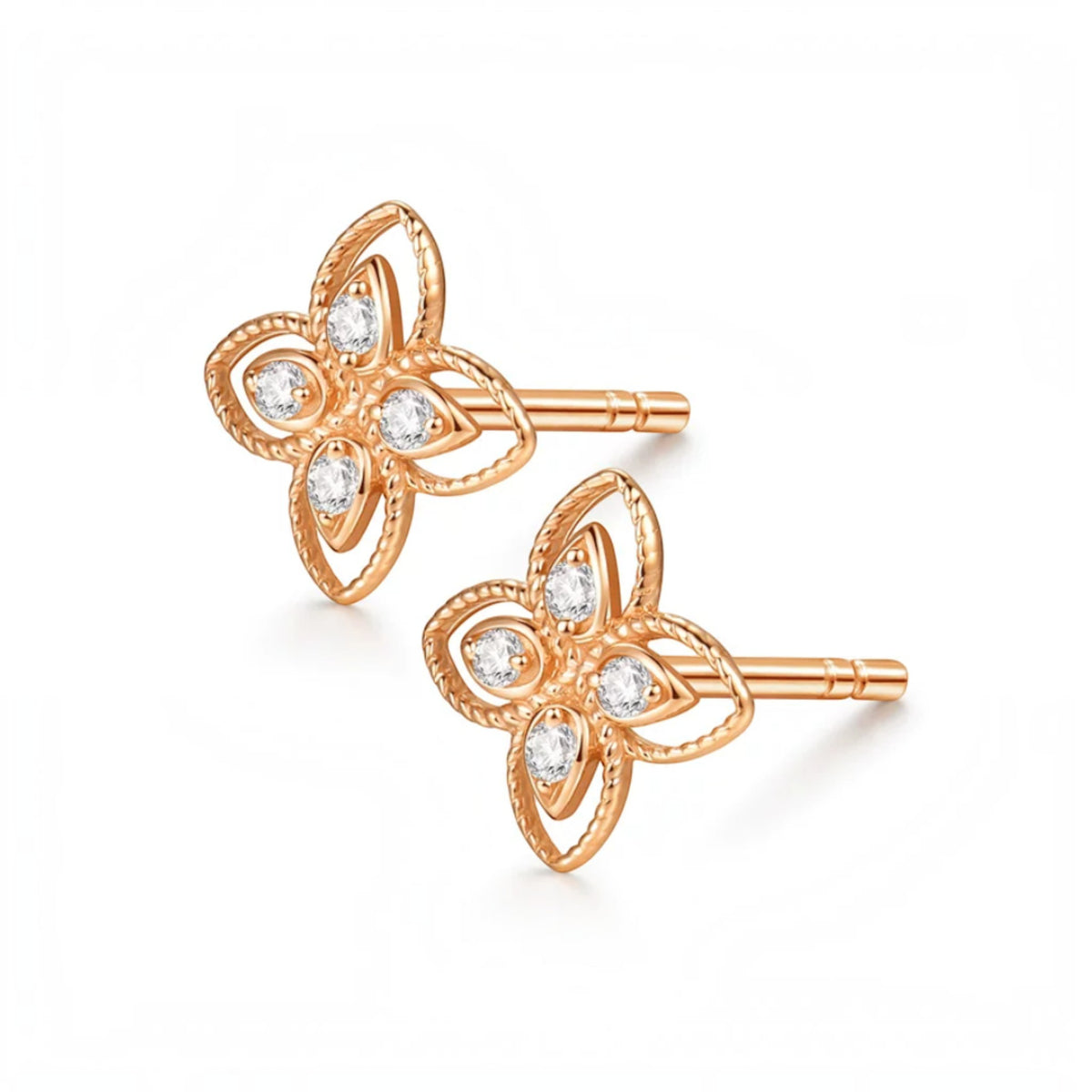 18K Fine Rose Gold Clover Lucky Moissanite Stud Earrings