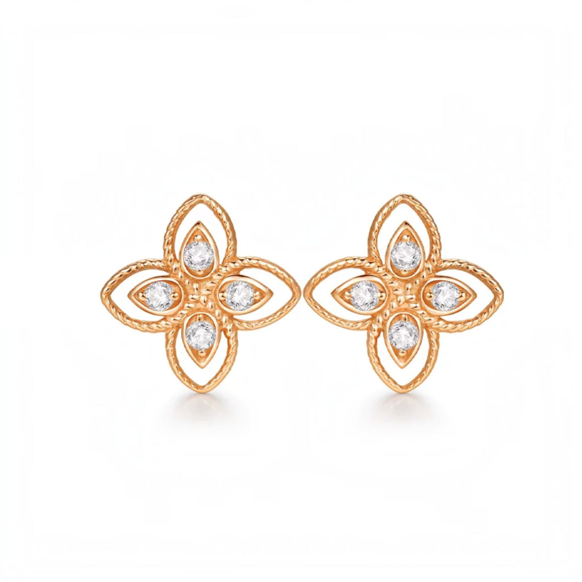 18K Fine Rose Gold Clover Lucky Moissanite Stud Earrings