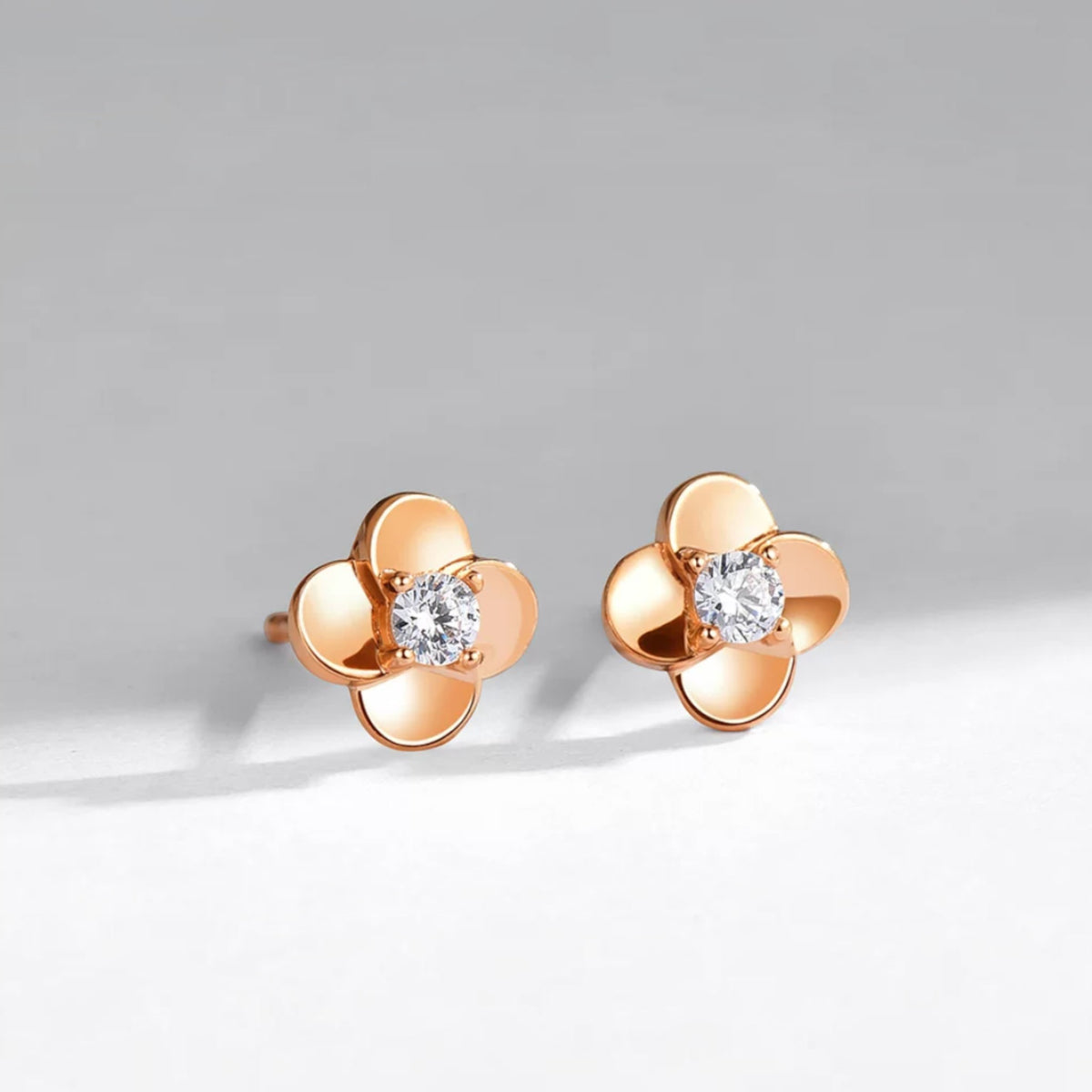 18K Fine Rose Gold Radiant Floral Flower Zirconia Stud Earrings