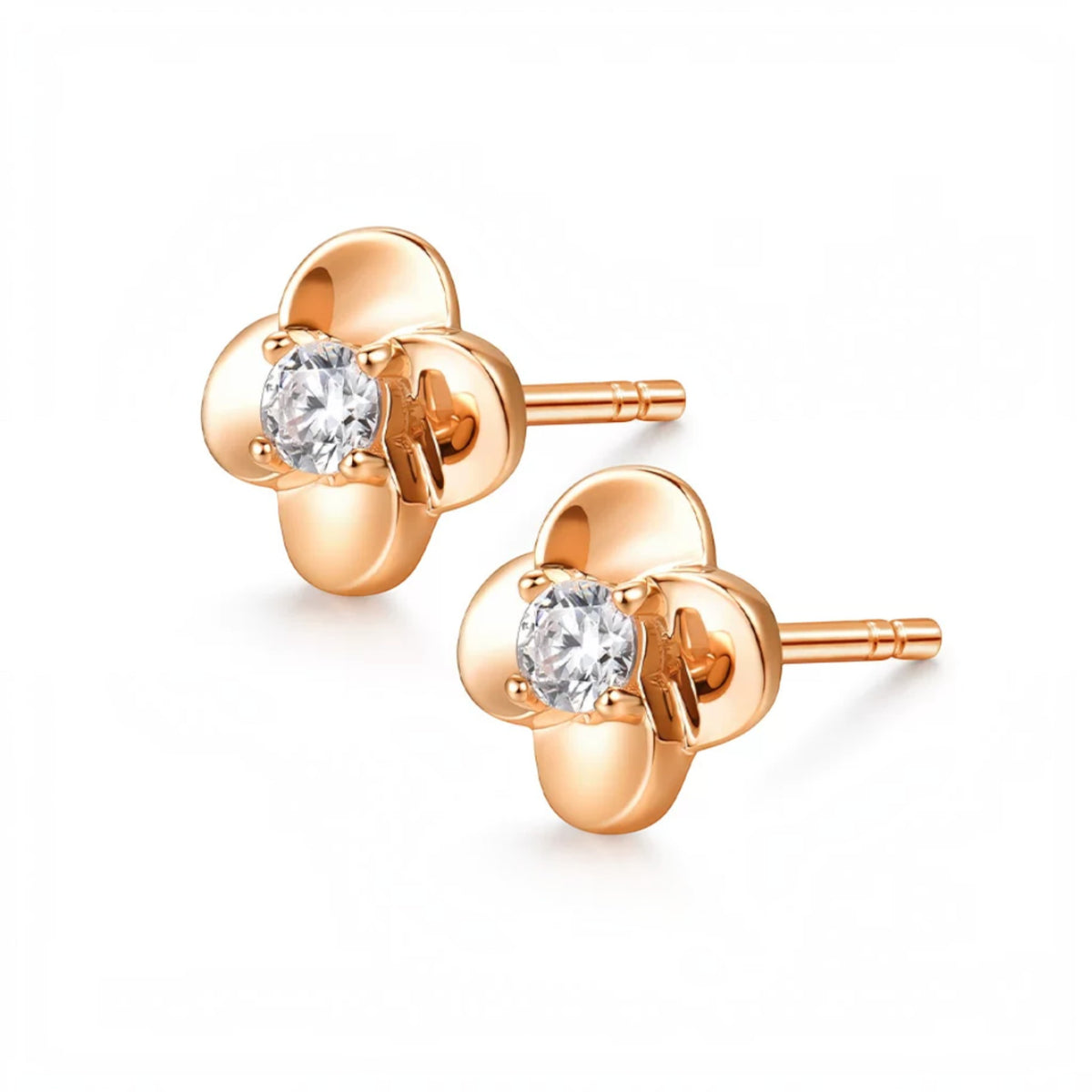 18K Fine Rose Gold Radiant Floral Flower Zirconia Stud Earrings
