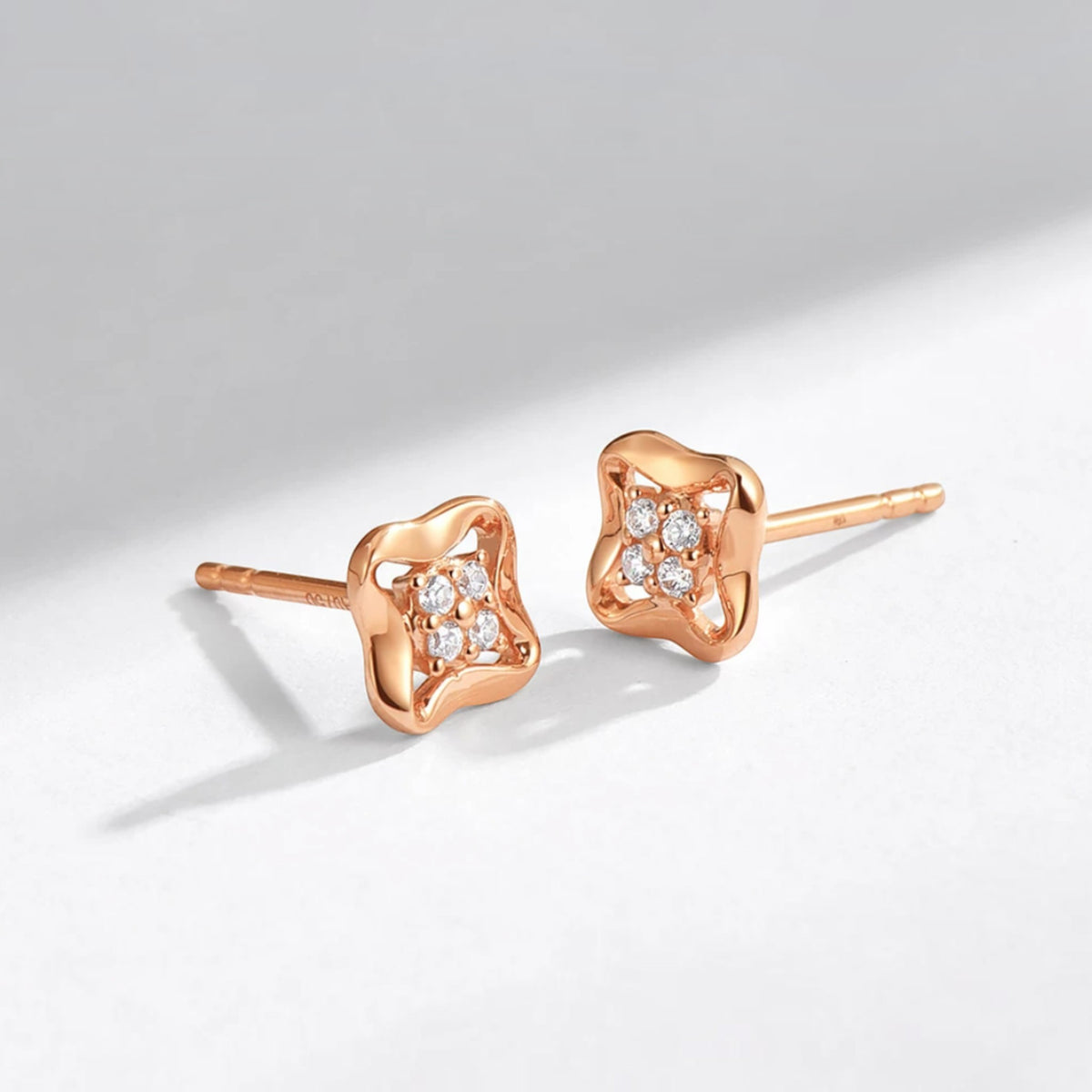 18K Fine Rose Gold Clover Lucky Zircon Stud Earrings