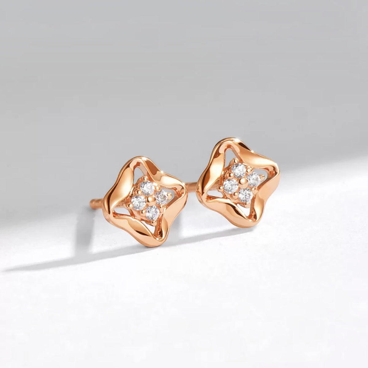 18K Fine Rose Gold Clover Lucky Zircon Stud Earrings