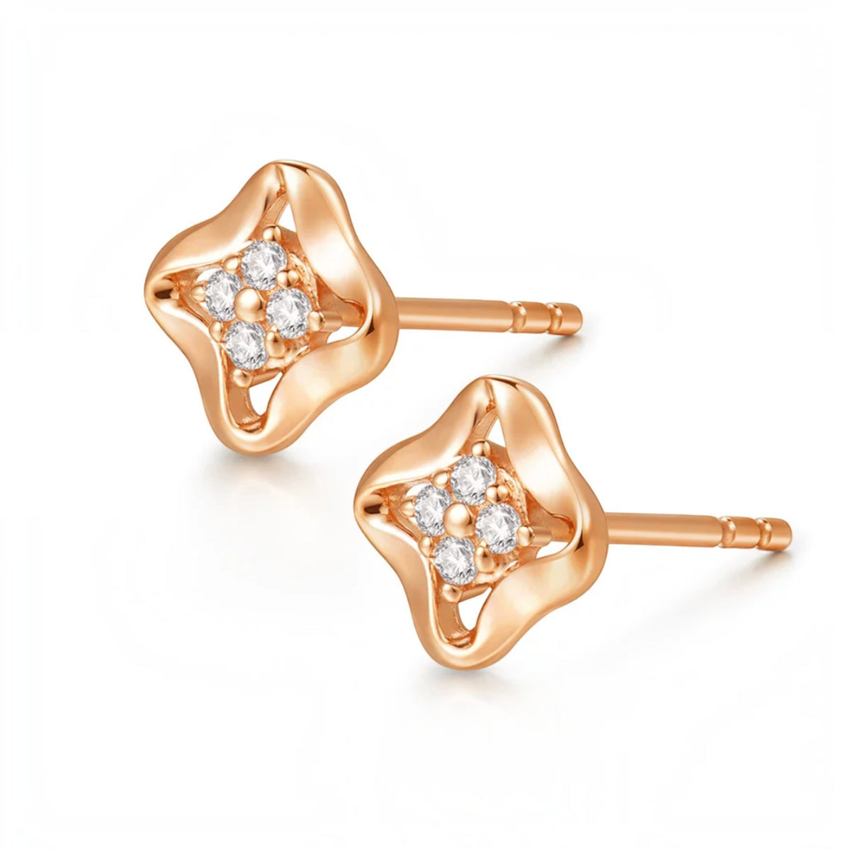 18K Fine Rose Gold Clover Lucky Zircon Stud Earrings