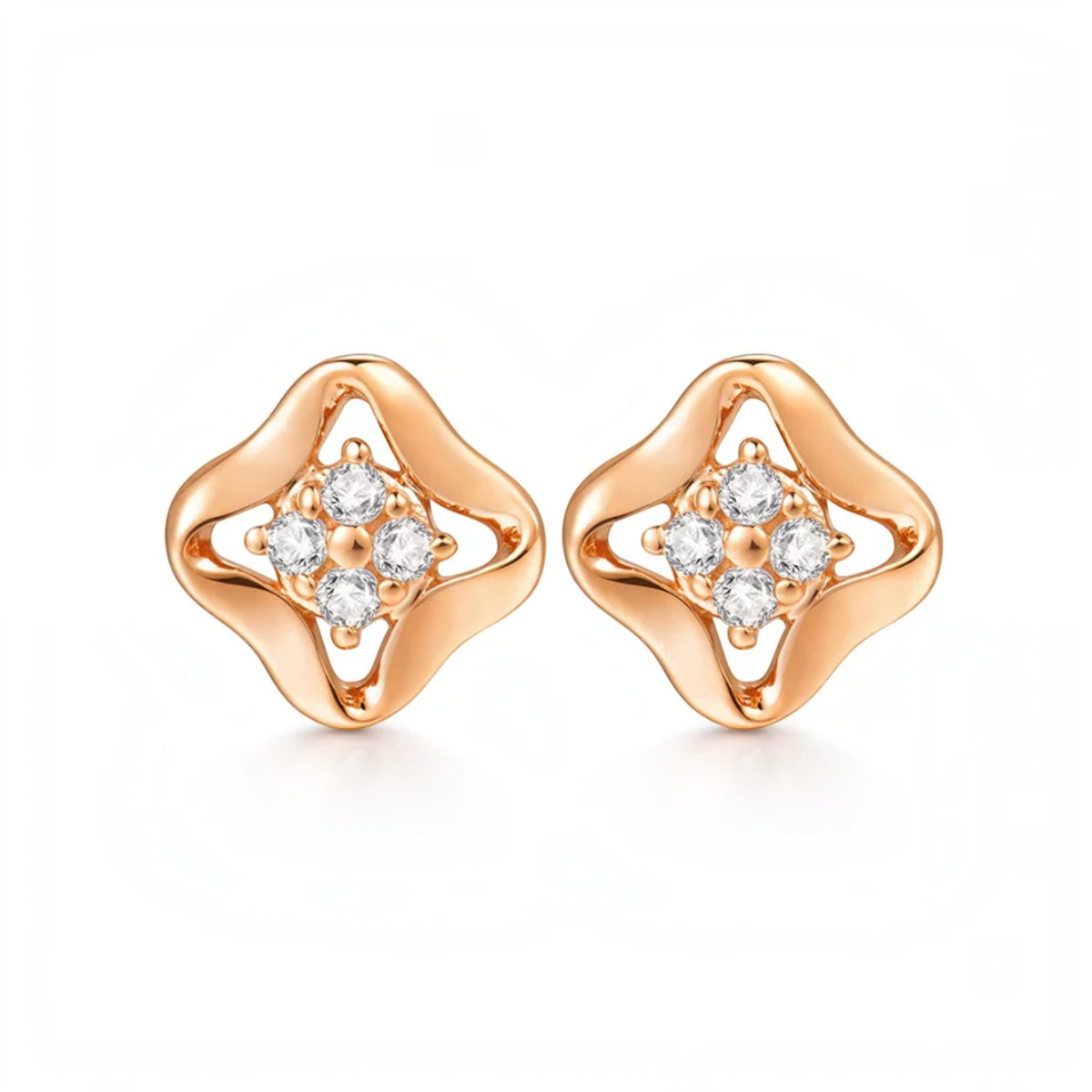 18K Fine Rose Gold Clover Lucky Zircon Stud Earrings
