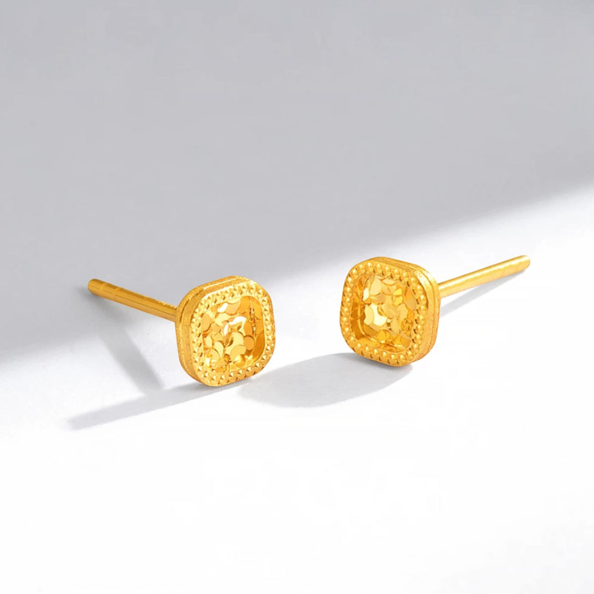 18K Fine Gold Shimmer Cube Square Stud Earrings