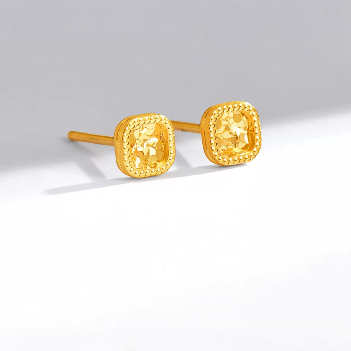18K Fine Gold Shimmer Cube Square Stud Earrings