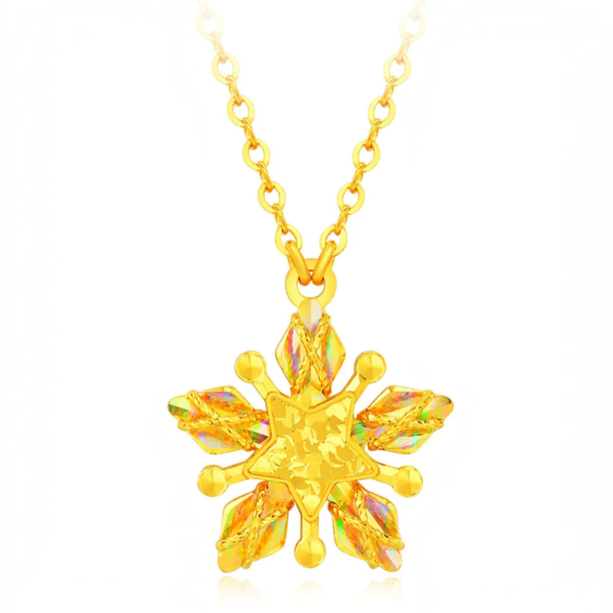 24k Fine Gold Snow Snowflake Star Glimmer Ring Necklace