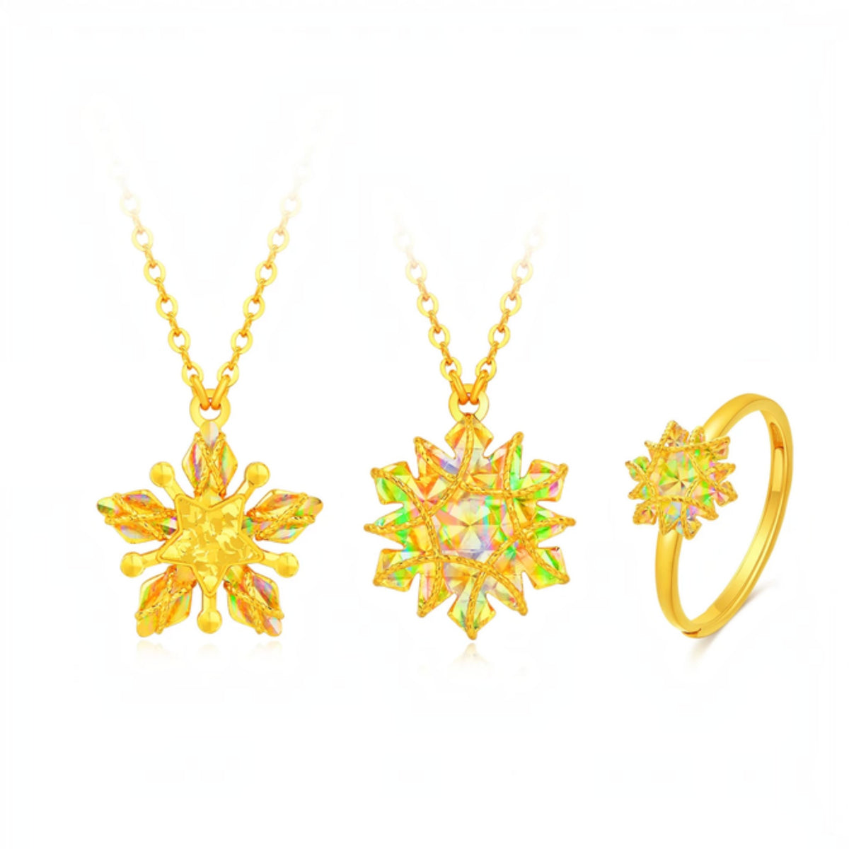 24k Fine Gold Snow Snowflake Star Glimmer Ring Necklace