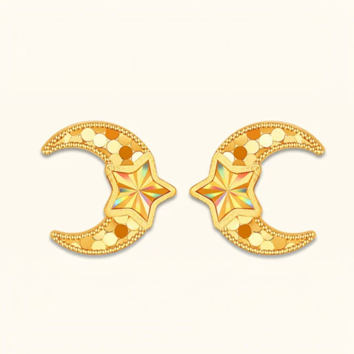 24K Gold Shimmer Star and Moon Stud Earrings