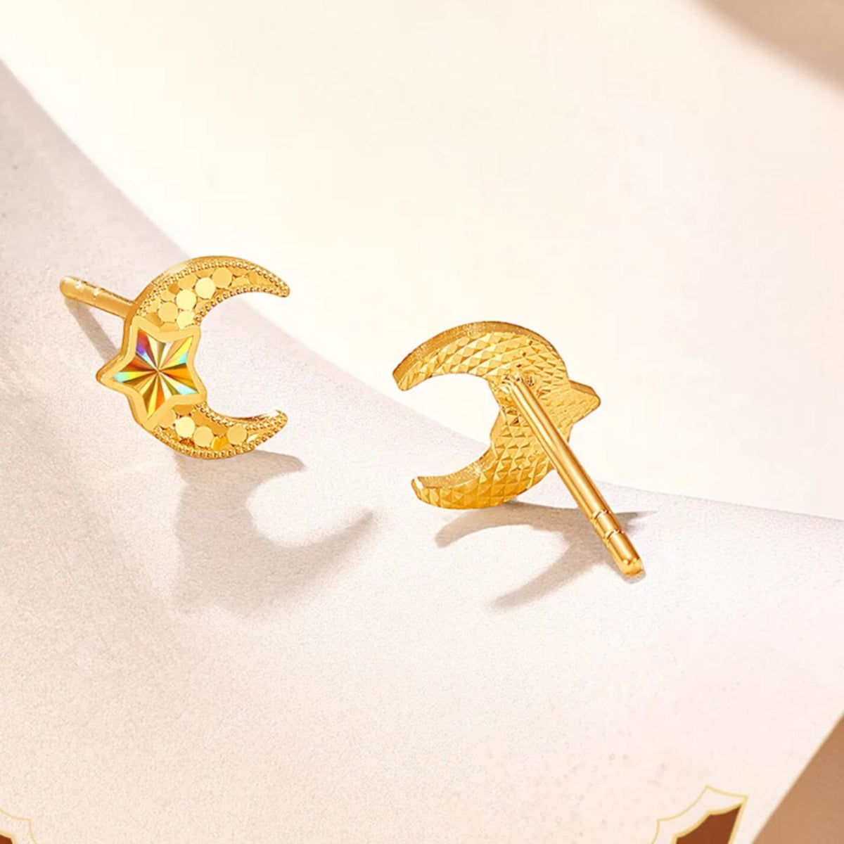 24K Gold Shimmer Star and Moon Stud Earrings