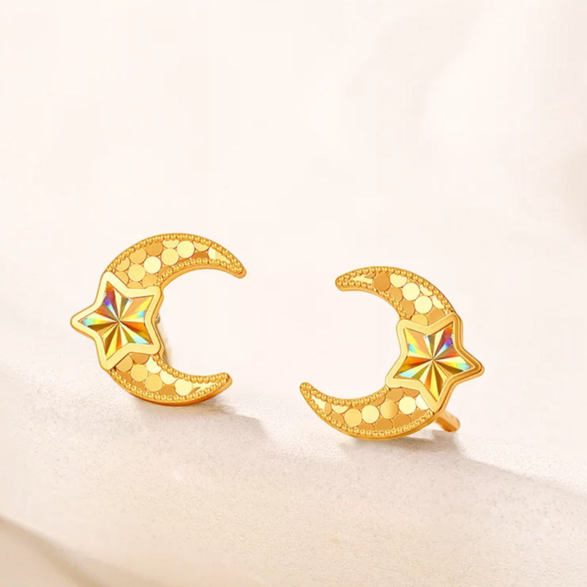 24K Gold Shimmer Star and Moon Stud Earrings