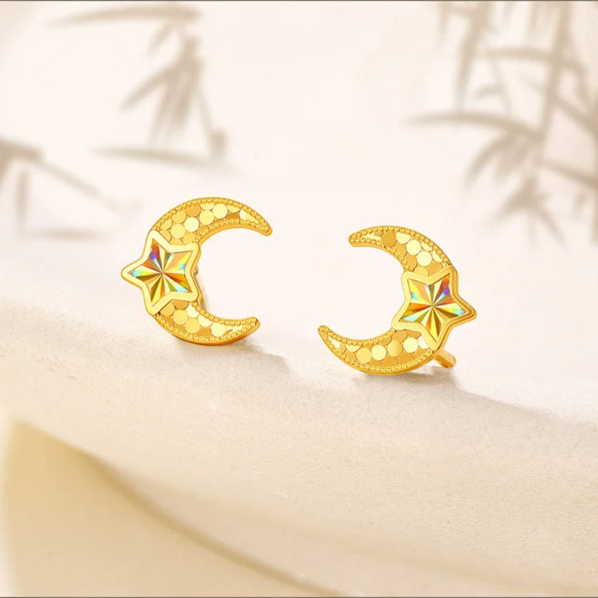 24K Gold Shimmer Star and Moon Stud Earrings