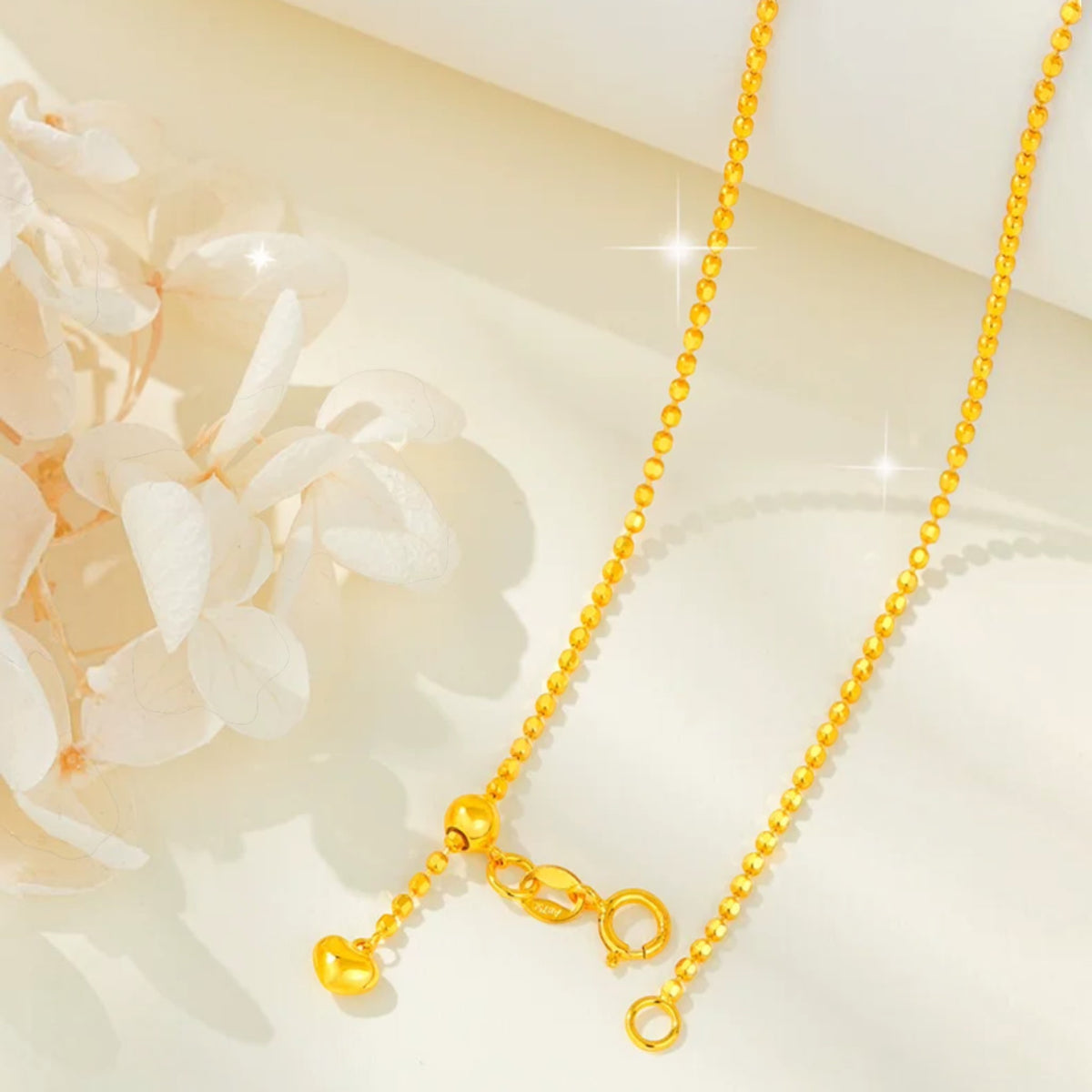 18k Gold Beads Minimal Adjustable Chain Heart Charm Necklace