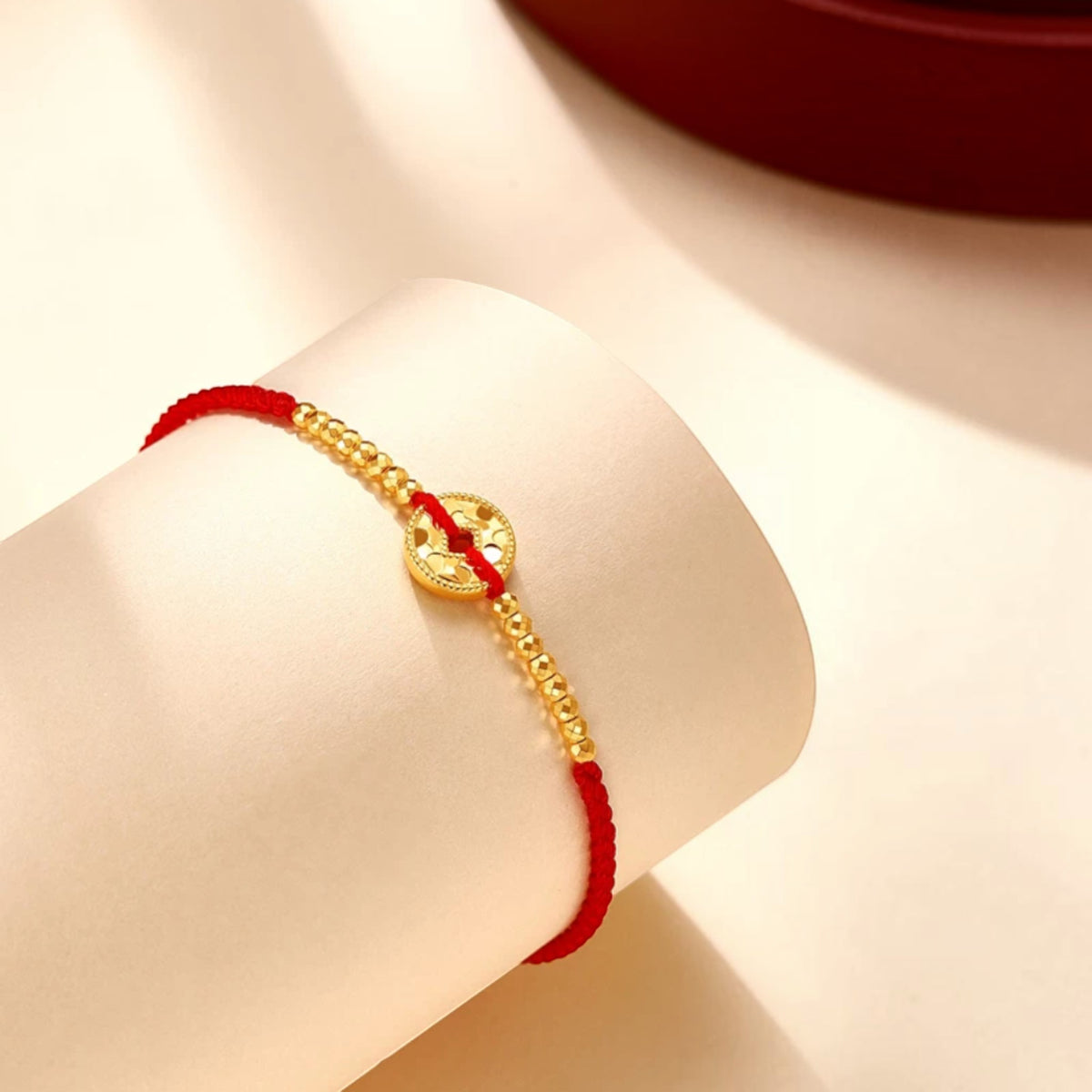 24K Gold Chinese Coin Beads Luxurious Adjustable Cord Bracelet