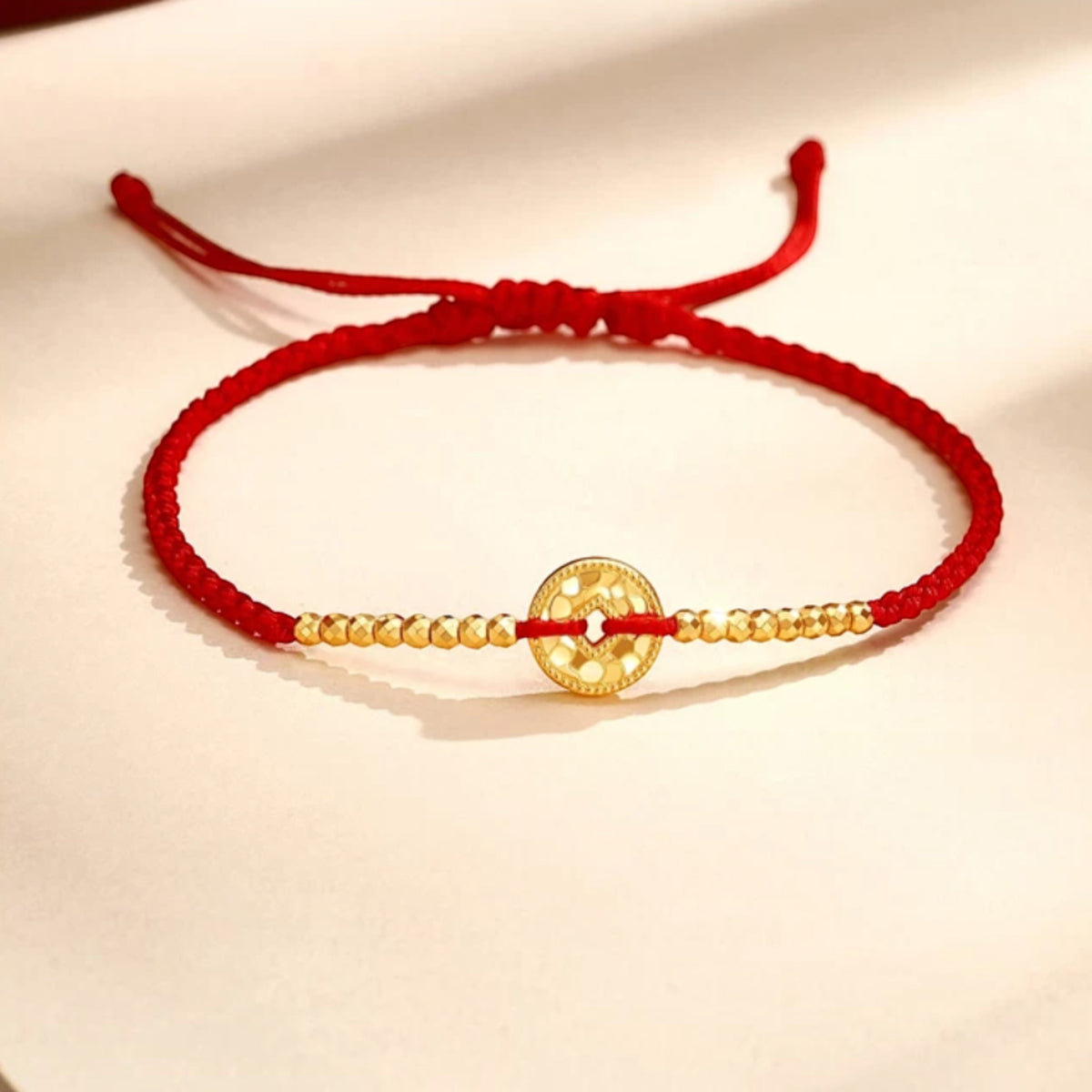 24K Gold Chinese Coin Beads Luxurious Adjustable Cord Bracelet