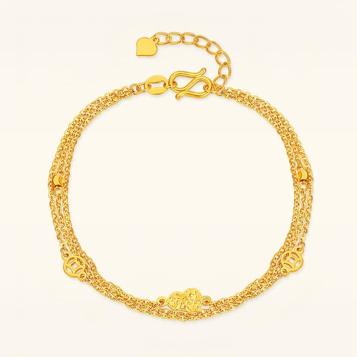 24K 999 Gold Gourd and Coins Charm Chain Bracelet