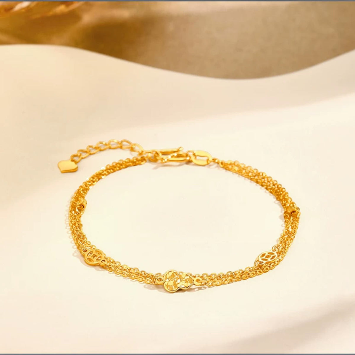 24K 999 Gold Gourd and Coins Charm Chain Bracelet