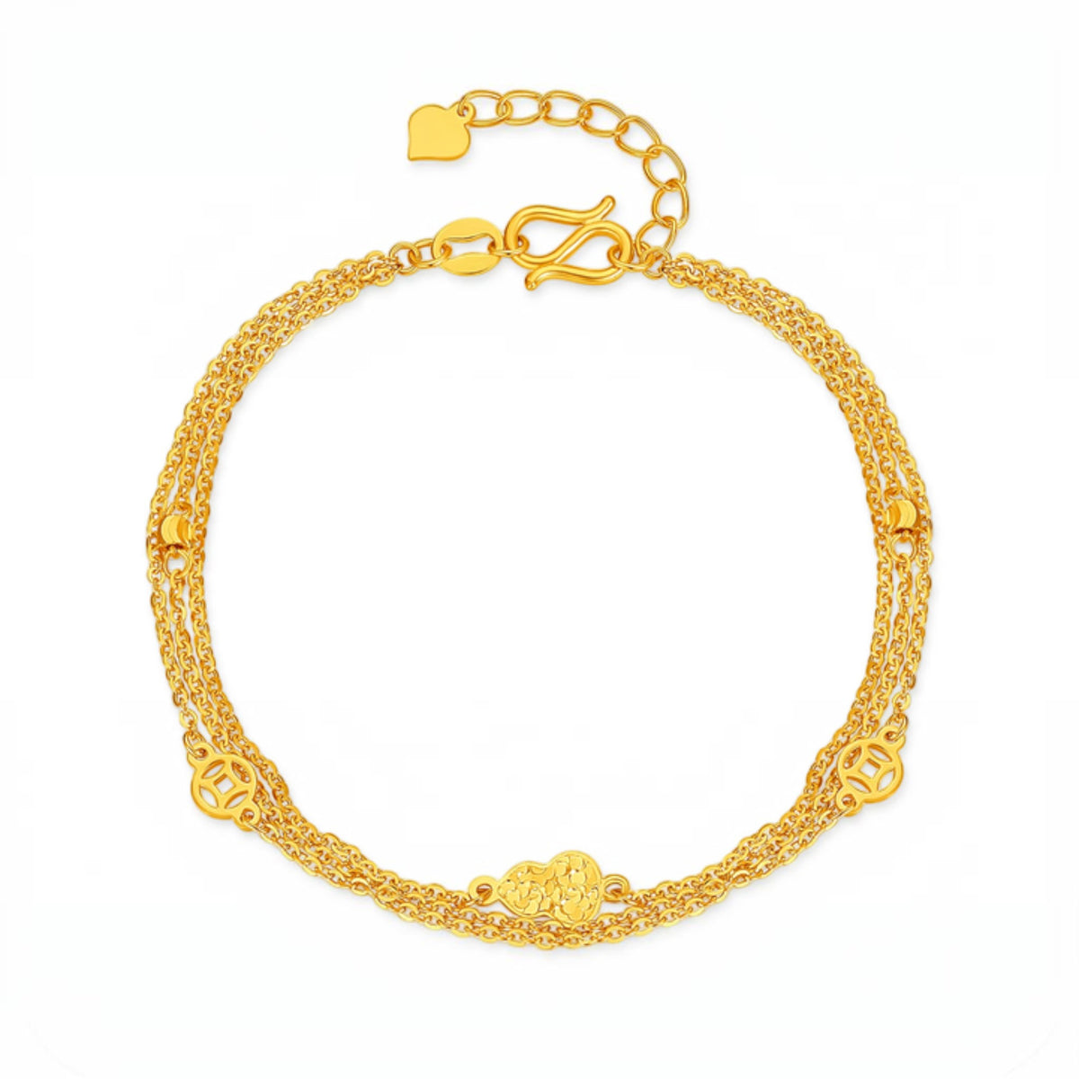 24K 999 Gold Gourd and Coins Charm Chain Bracelet