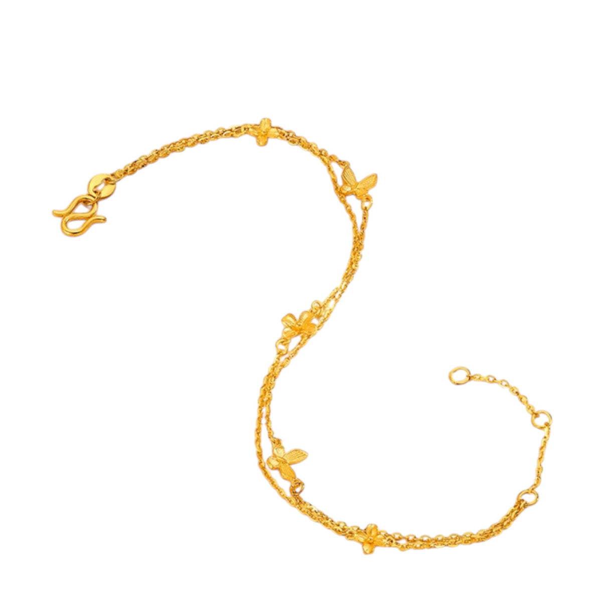 24K 999 Gold Butterfly and Flower Charm Beads Chain Bracelet