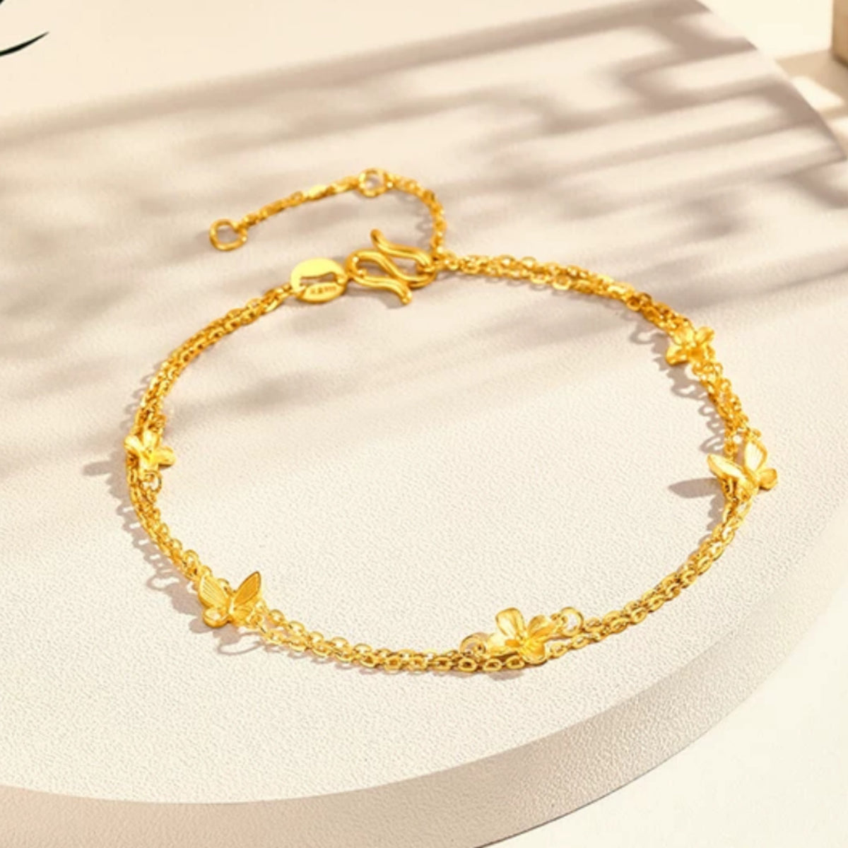 24K 999 Gold Butterfly and Flower Charm Beads Chain Bracelet
