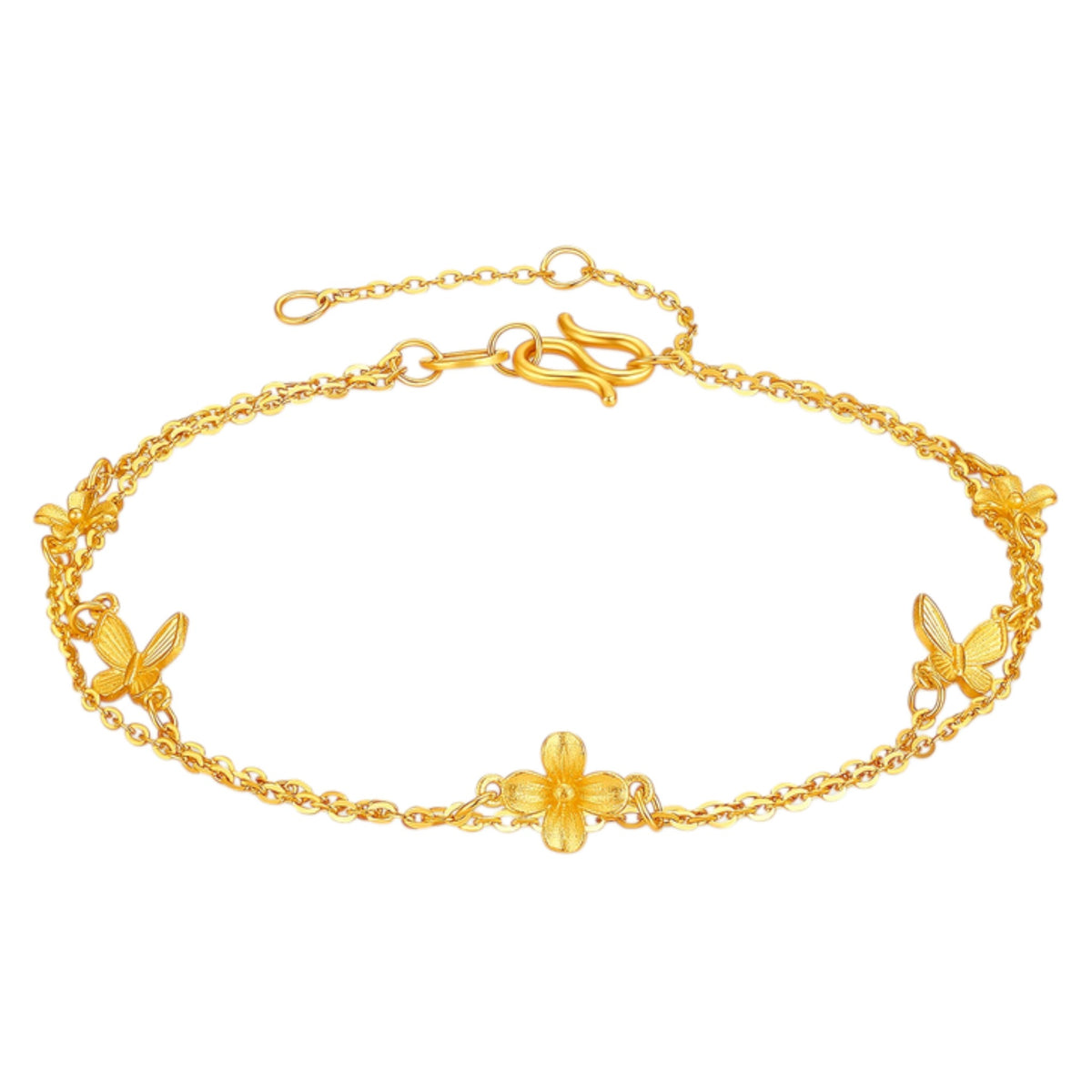 24K 999 Gold Butterfly and Flower Charm Beads Chain Bracelet