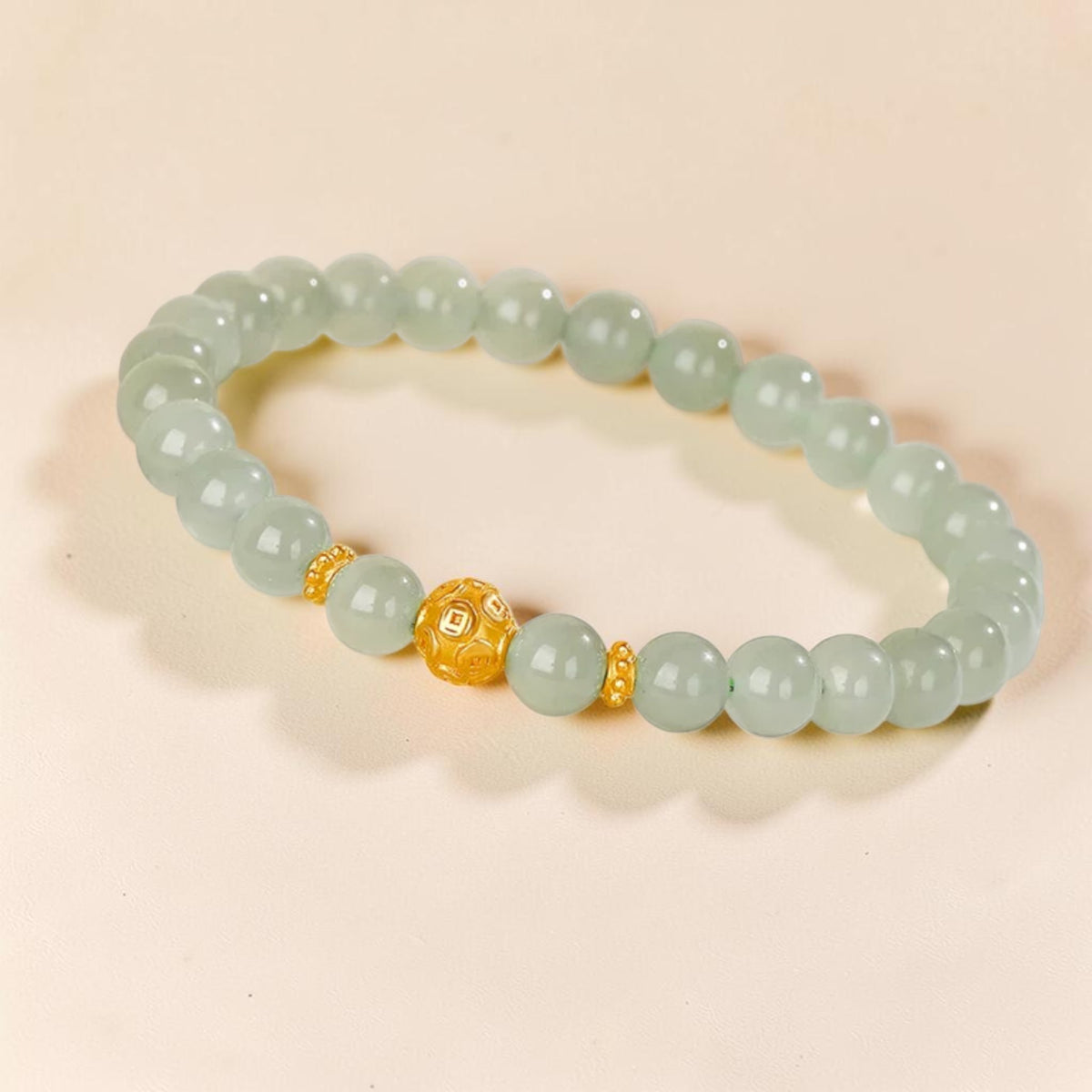 24K 999 Gold Coin Charm with Jade Beads Elastic Bracelet