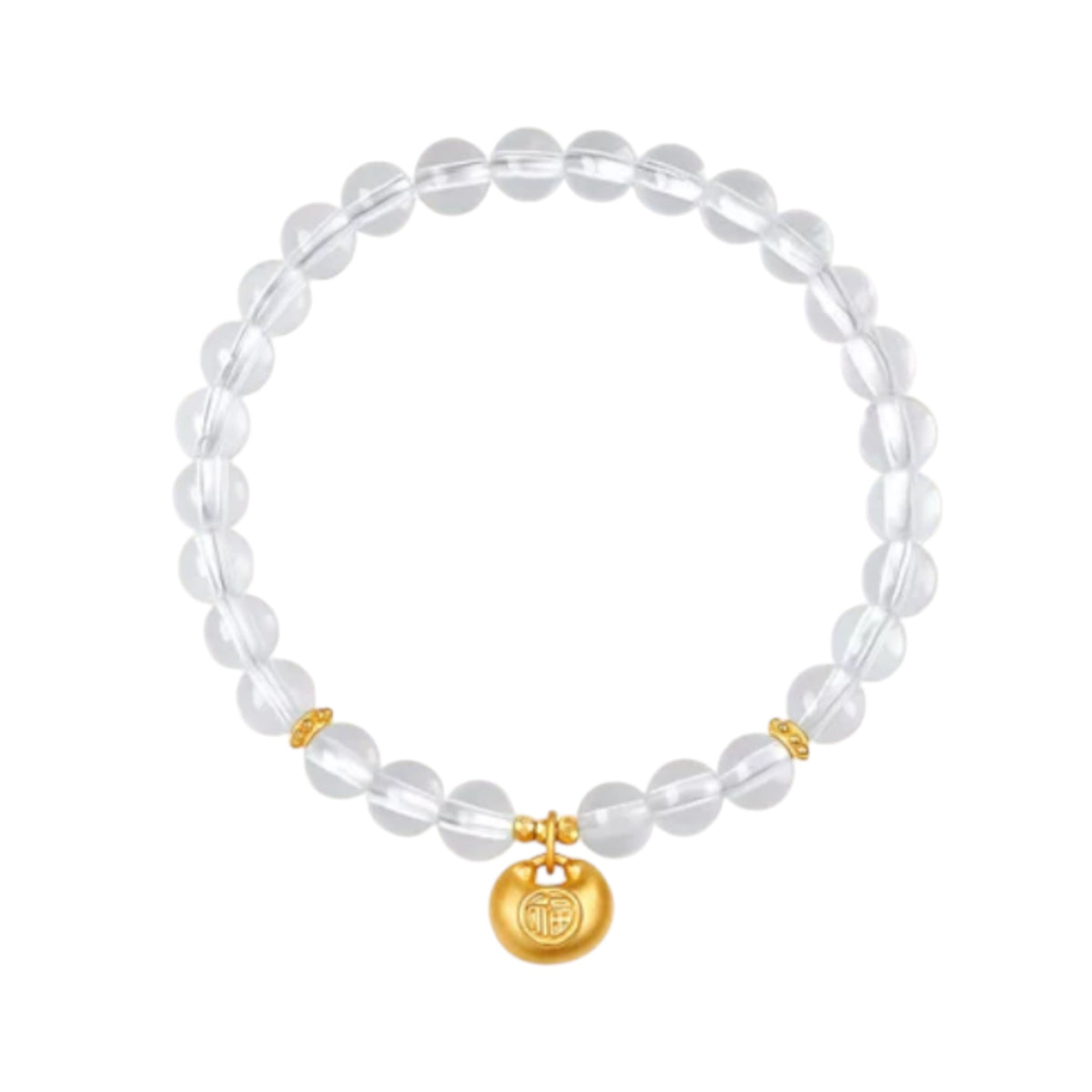 24K 999 Gold Blessing Lock Charm with Clear Quartz Beads Elastic Bracelet