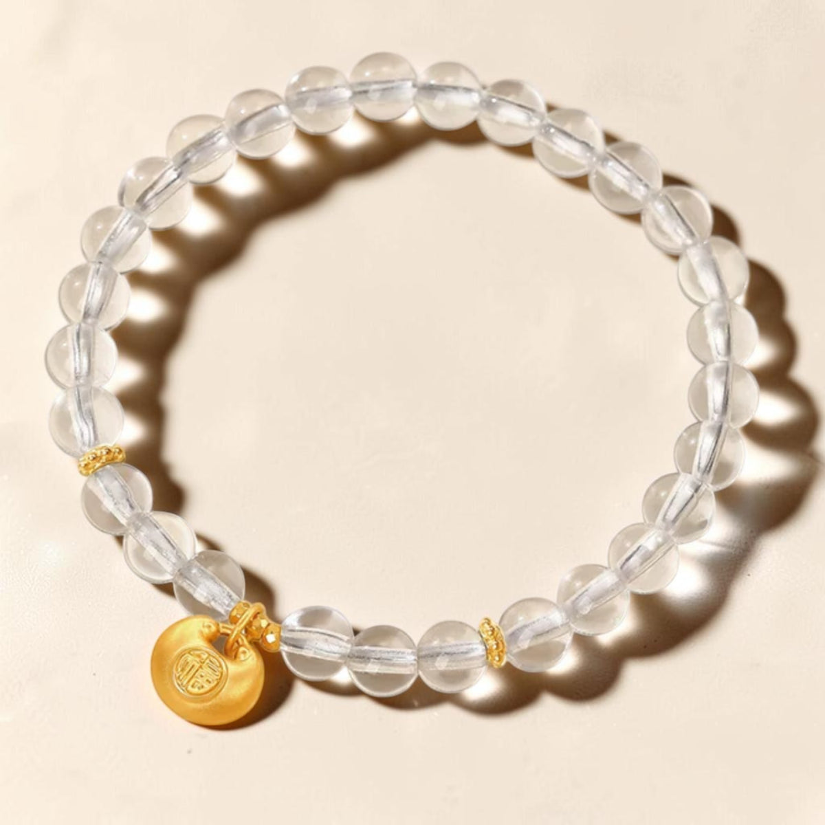 24K 999 Gold Blessing Lock Charm with Clear Quartz Beads Elastic Bracelet
