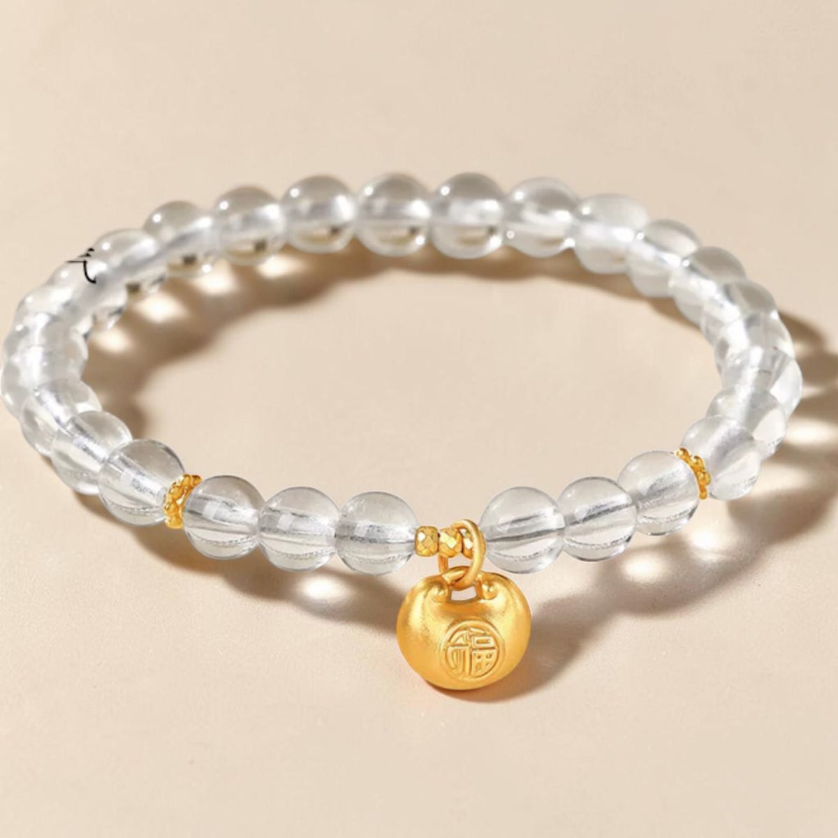 24K 999 Gold Blessing Lock Charm with Clear Quartz Beads Elastic Bracelet