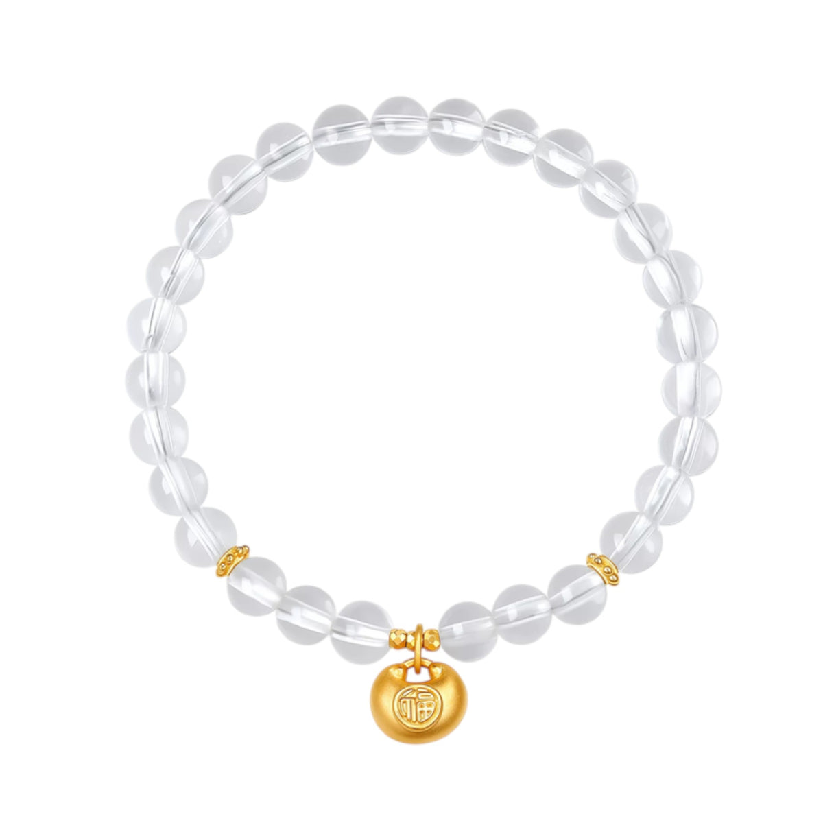 24K 999 Gold Blessing Lock Charm with Clear Quartz Beads Elastic Bracelet