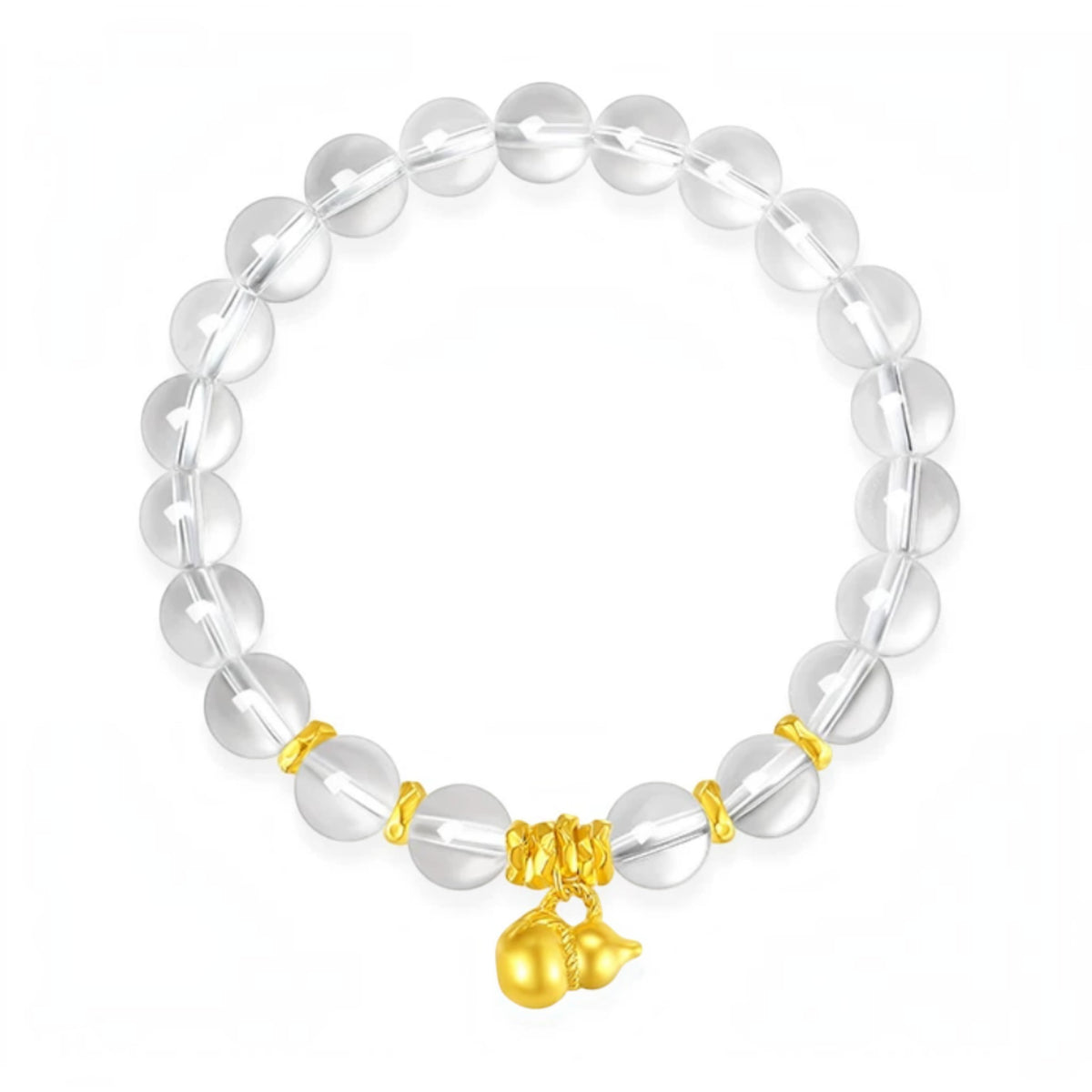 24K 999 Gold Blessing Mini Gourd Charm with Clear Quartz Beads Elastic Bracelet