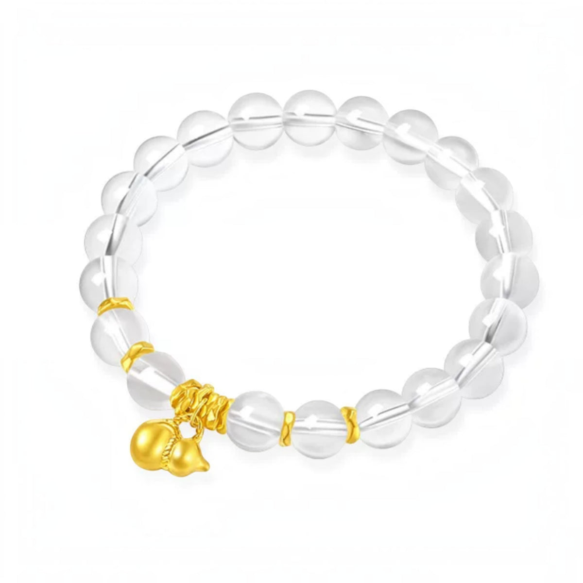 24K 999 Gold Blessing Mini Gourd Charm with Clear Quartz Beads Elastic Bracelet