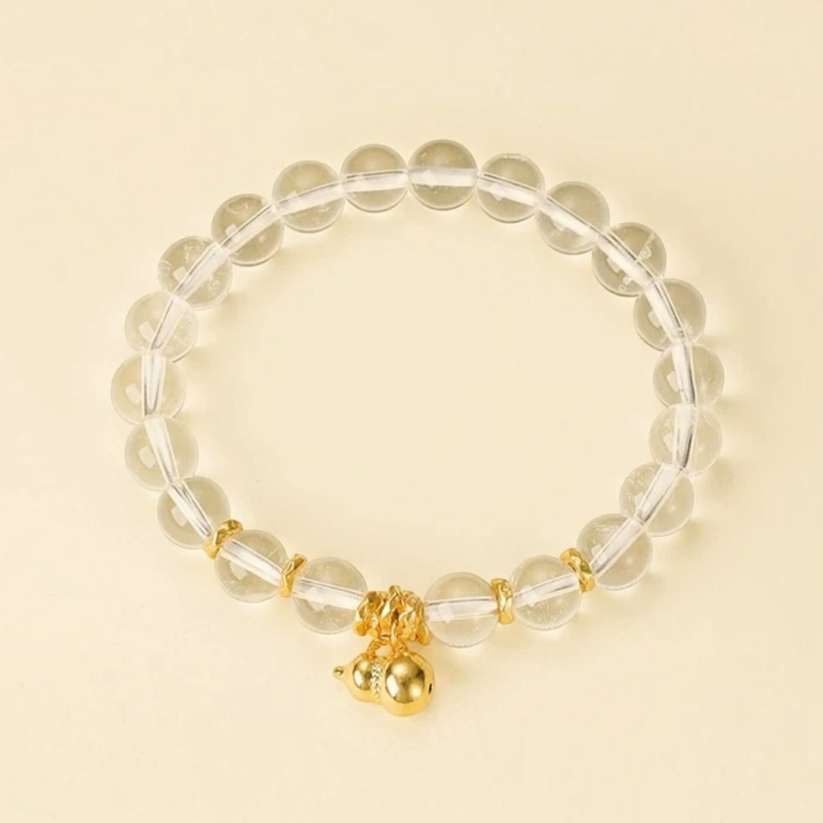 24K 999 Gold Blessing Mini Gourd Charm with Clear Quartz Beads Elastic Bracelet